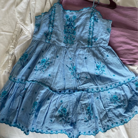 Urban Outfitters UO Blue Hanna flower Embroidered Scalloped Babydoll Mini Dress - Picture 15 of 16
